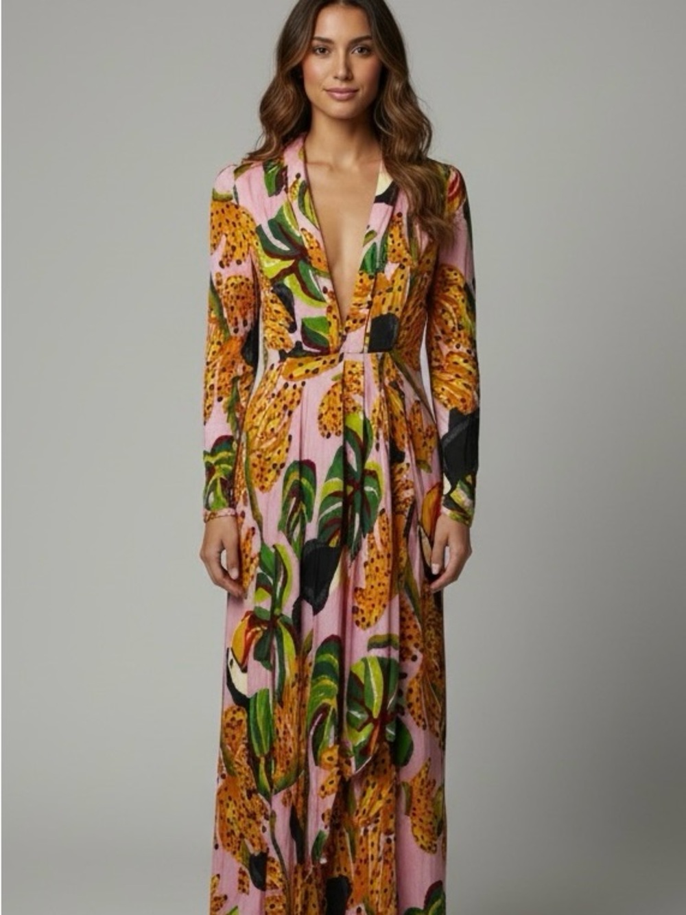 FARM Rio Pink Maxi Dress with Green and Yellow Tropical Print